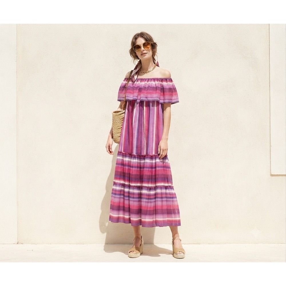 Vintage 1970s Celine Archival XS S Pink Purple Striped Ruffle Boho Midi Dress